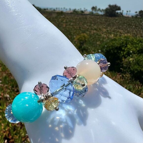 Colorful Glass Beaded Stretch Bracelet in Blue & Pastel Tones - Picture 4 of 10